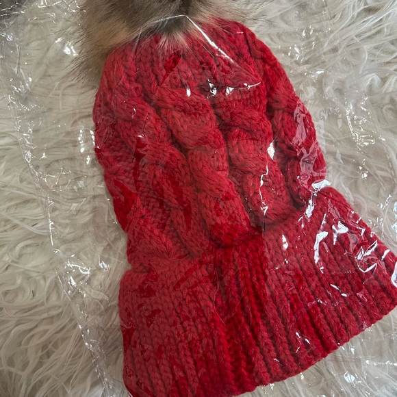Red Pom-pom decor beanie hat. One size fits all. - Picture 5 of 6